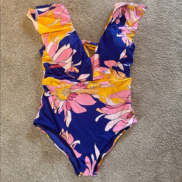 Trina Turk Breeze Ruffle Plunge One-Piece Swimsuit Size 14 - Picture 1 of 5